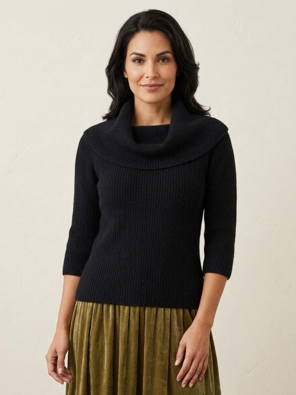 Banana Republic Womens sm Black Merino Wool Ribbed Knit Cowl Neck 3/4 Sweater
